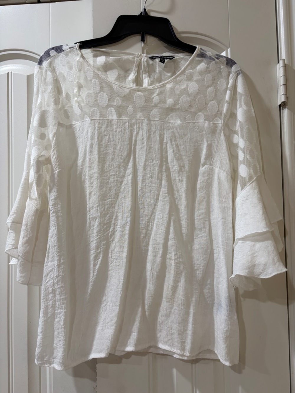 Unique Spectrum White Sheer Polka Yoke Ruffle Sleeve Top